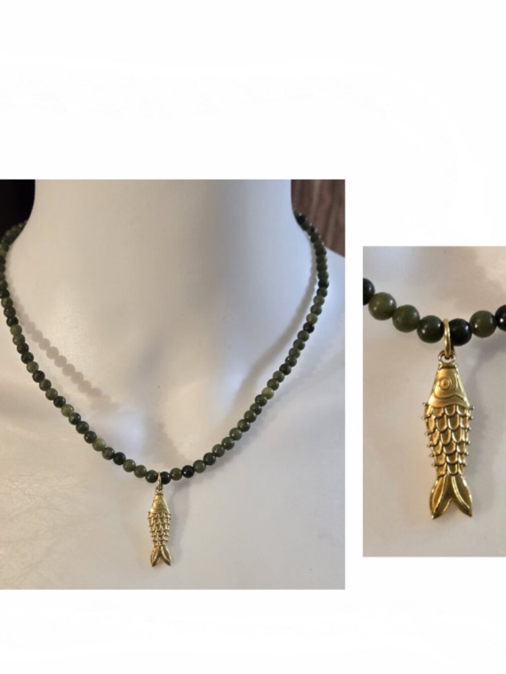 New Green Natural Stones Necklace Gold Fish Pendant Charm